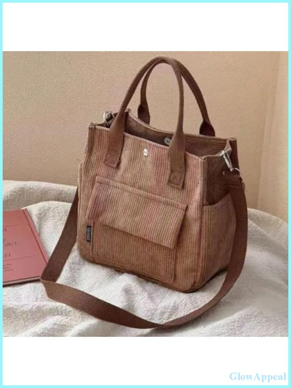 Corduroy Tote Bag Crossbody Messenger Bag Multi-Pocket Large Capacity